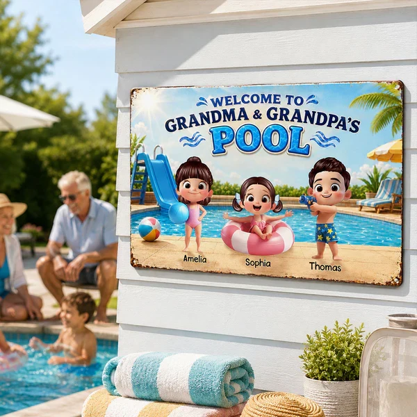Personalized Rectangular Iron Sign, Kids Playing by Sunny Pool, Unique Gift for Grandma & Grandpa - Image 7