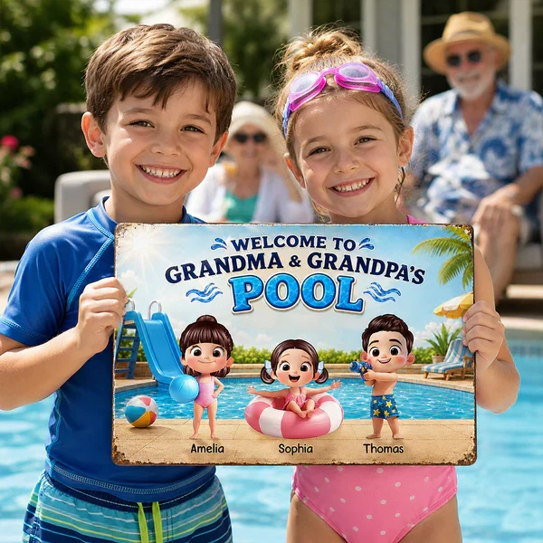 Personalized Rectangular Iron Sign, Kids Playing by Sunny Pool, Unique Gift for Grandma & Grandpa - Image 8