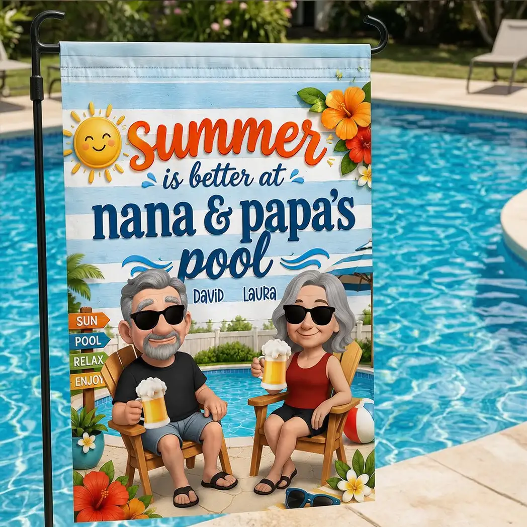 Personalized Garden Flag with Poolside Cartoon Grandparents, Unique Summer Gift for Nana & Papa