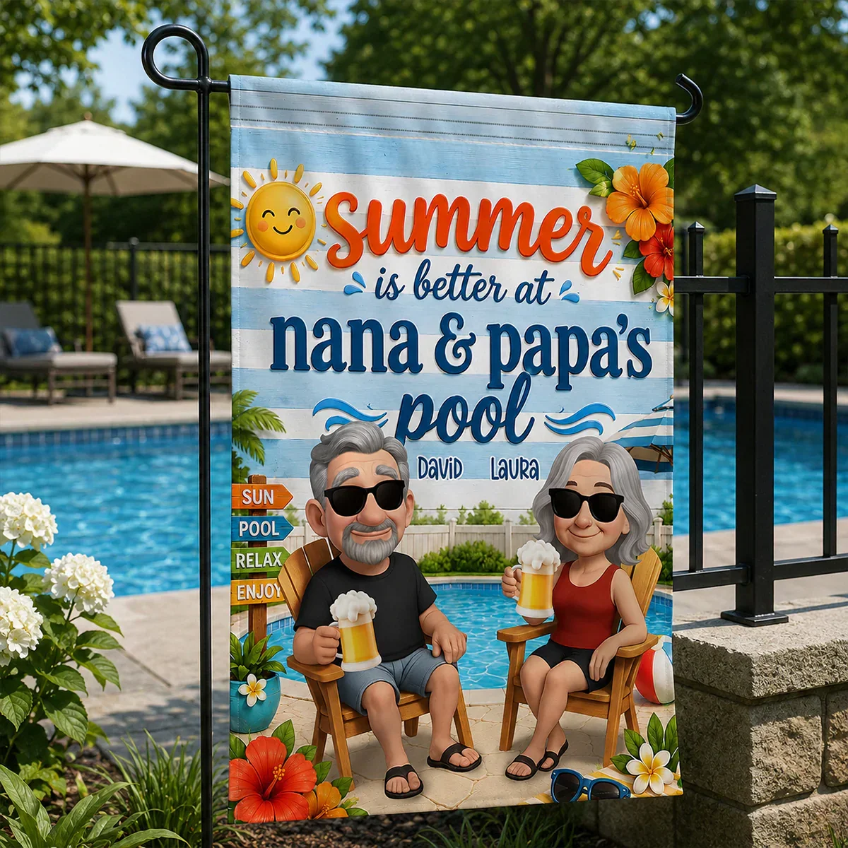 Personalized Garden Flag with Poolside Cartoon Grandparents, Unique Summer Gift for Nana & Papa - Image 2