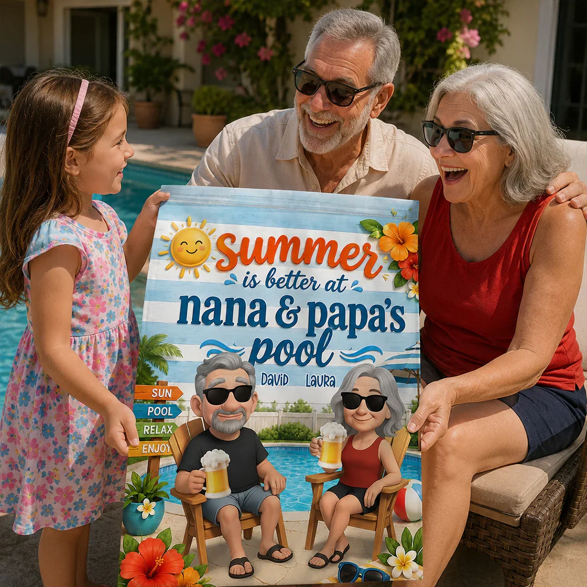 Personalized Garden Flag with Poolside Cartoon Grandparents, Unique Summer Gift for Nana & Papa - Image 3