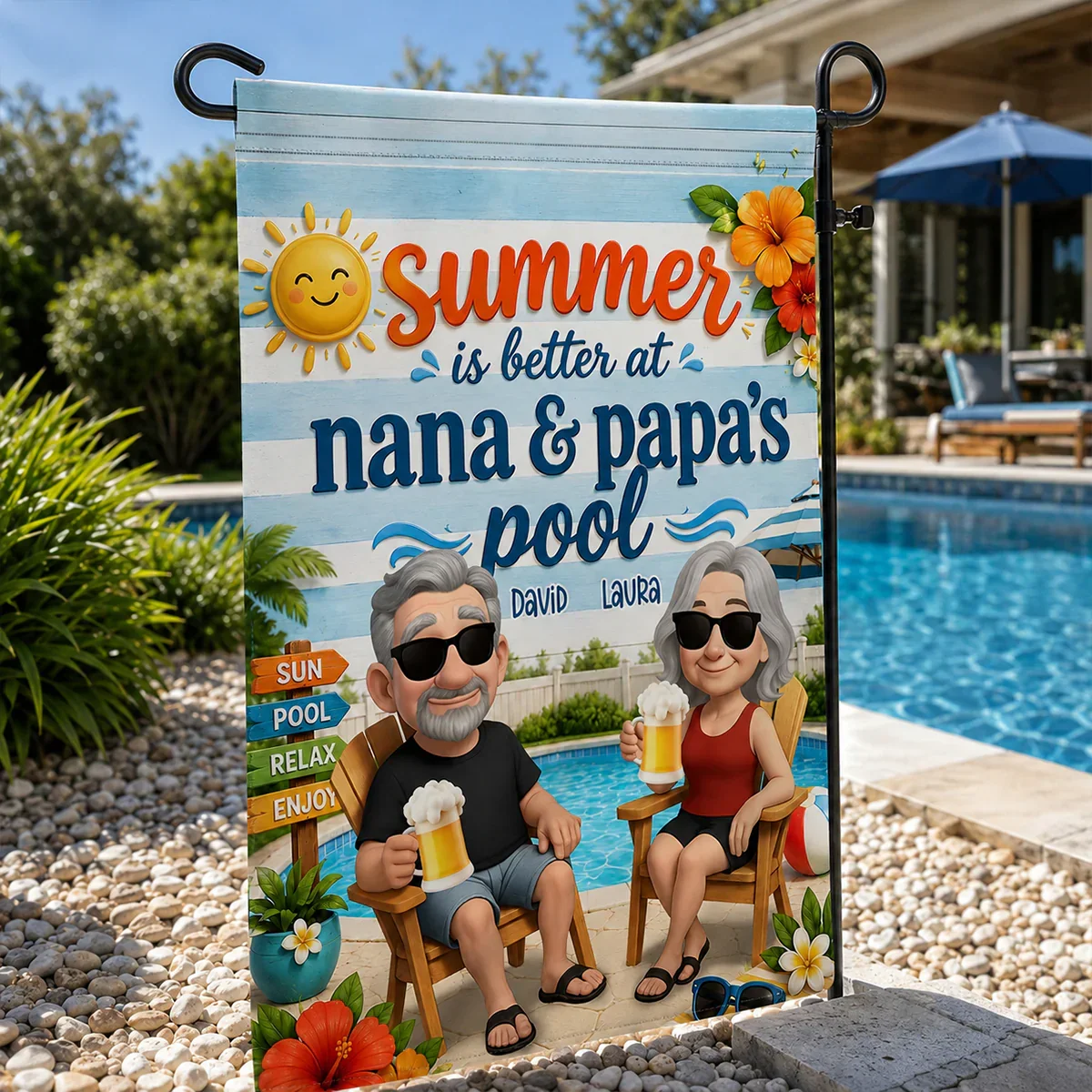 Personalized Garden Flag with Poolside Cartoon Grandparents, Unique Summer Gift for Nana & Papa - Image 4