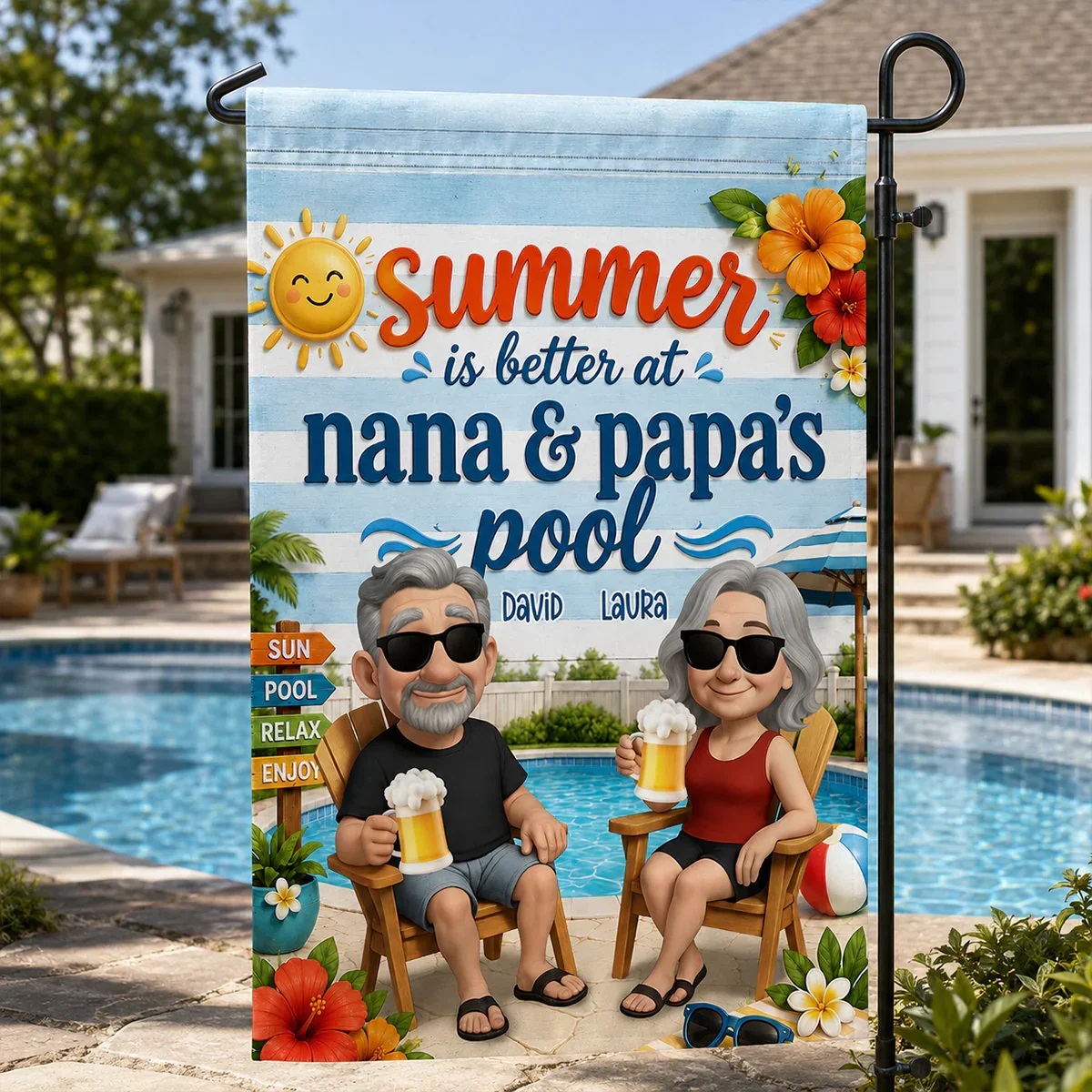 Personalized Garden Flag with Poolside Cartoon Grandparents, Unique Summer Gift for Nana & Papa - Image 5