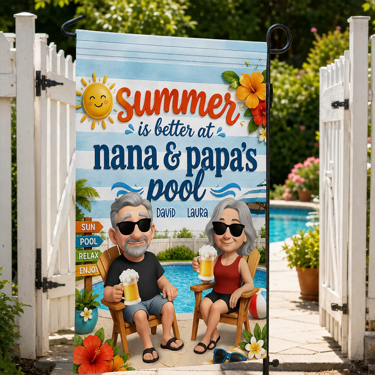 Personalized Garden Flag with Poolside Cartoon Grandparents, Unique Summer Gift for Nana & Papa - Image 6