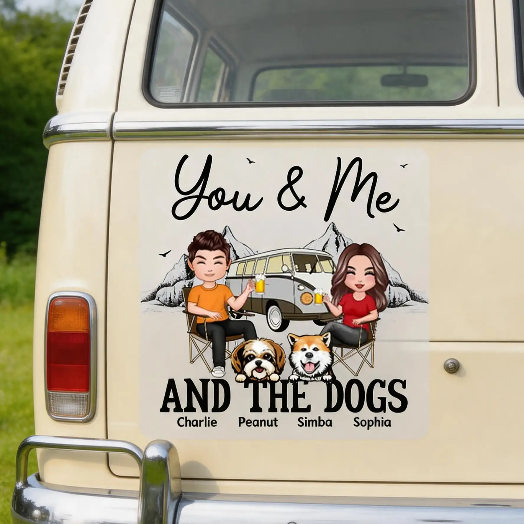 You & Me and the Dogs Sticker Decal, Custom Cartoon Camping Scene, Creative Gift for Couples