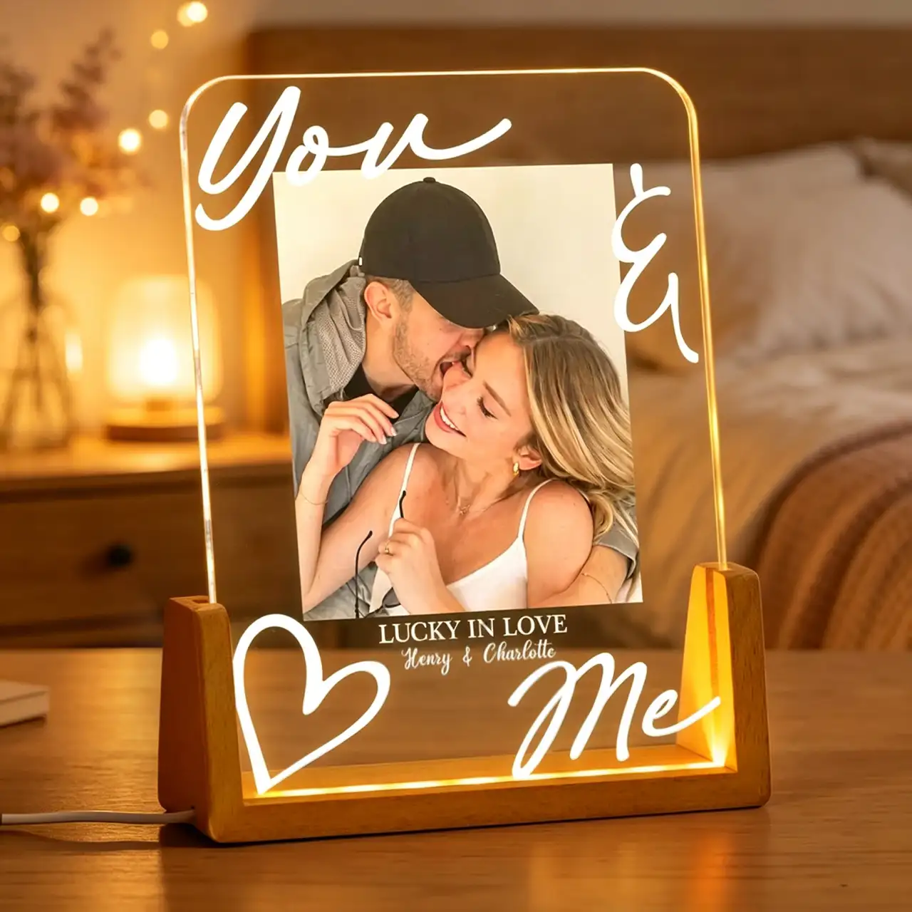 Personalized LED Light Frame With You & Me Kissing Couple Photo, Unique Gift For Couple, Warm Bedside Glow