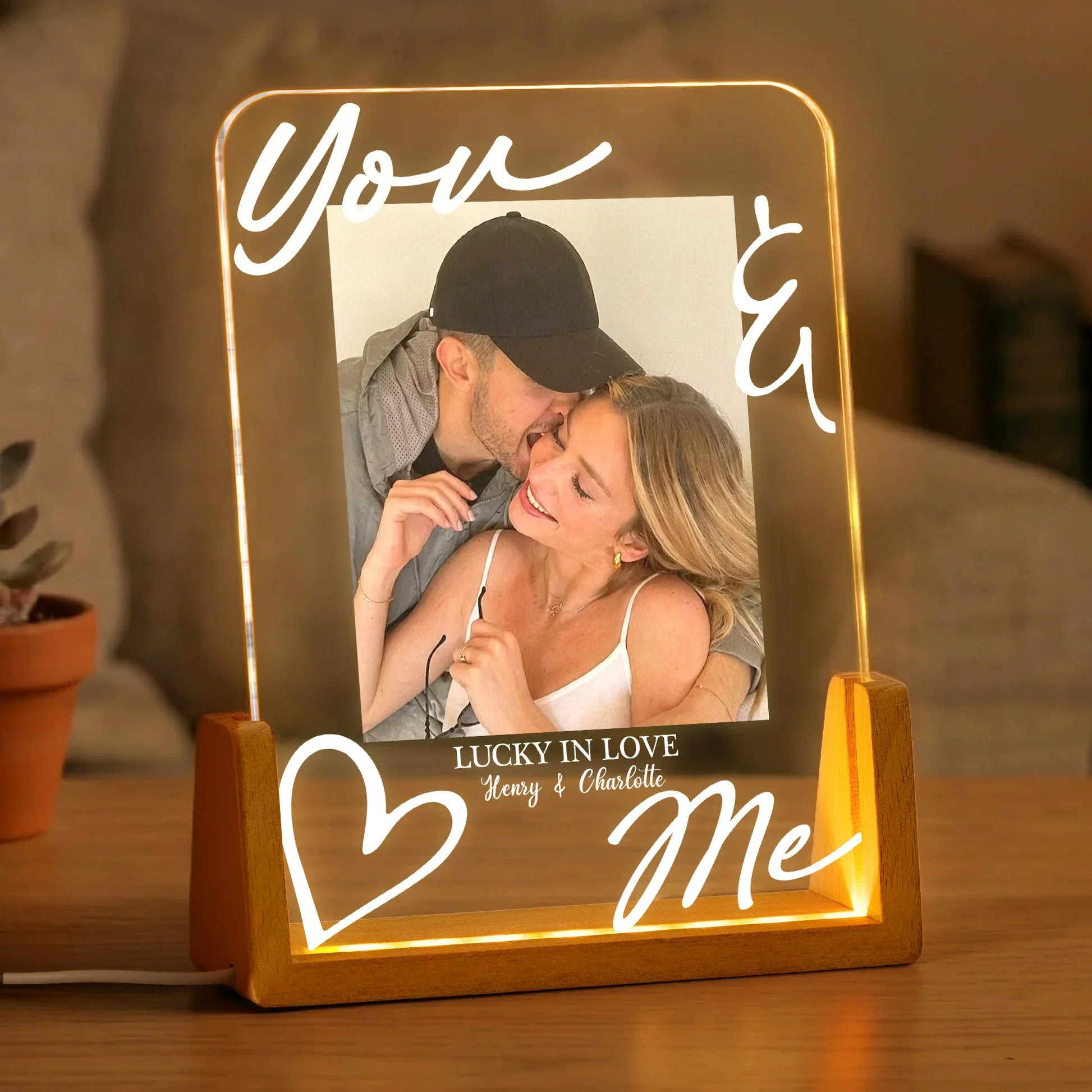 Personalized LED Light Frame With You & Me Kissing Couple Photo, Unique Gift For Couple, Warm Bedside Glow - Image 2