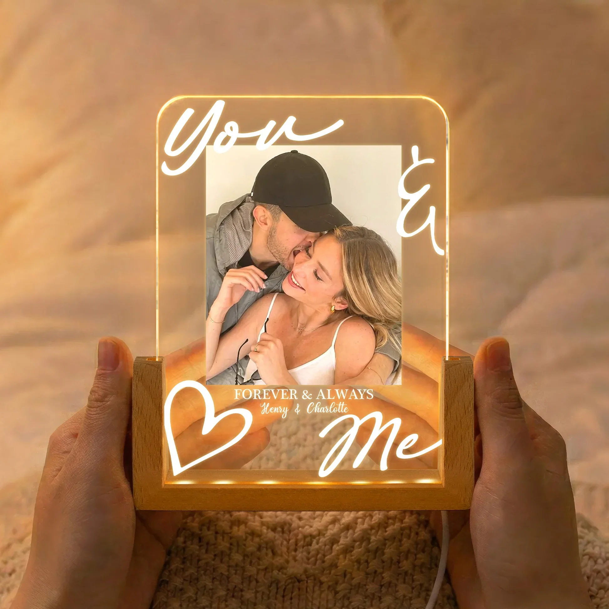 Personalized LED Light Frame With You & Me Kissing Couple Photo, Unique Gift For Couple, Warm Bedside Glow - Image 3