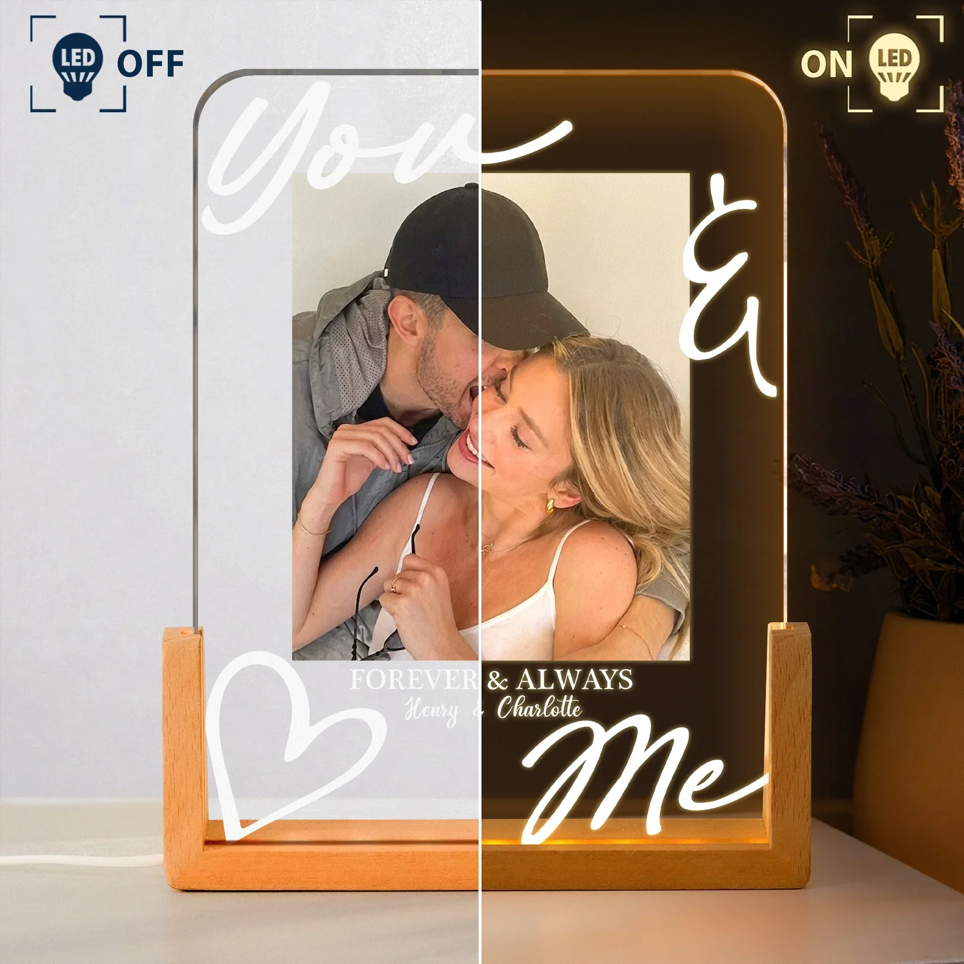 Personalized LED Light Frame With You & Me Kissing Couple Photo, Unique Gift For Couple, Warm Bedside Glow - Image 5