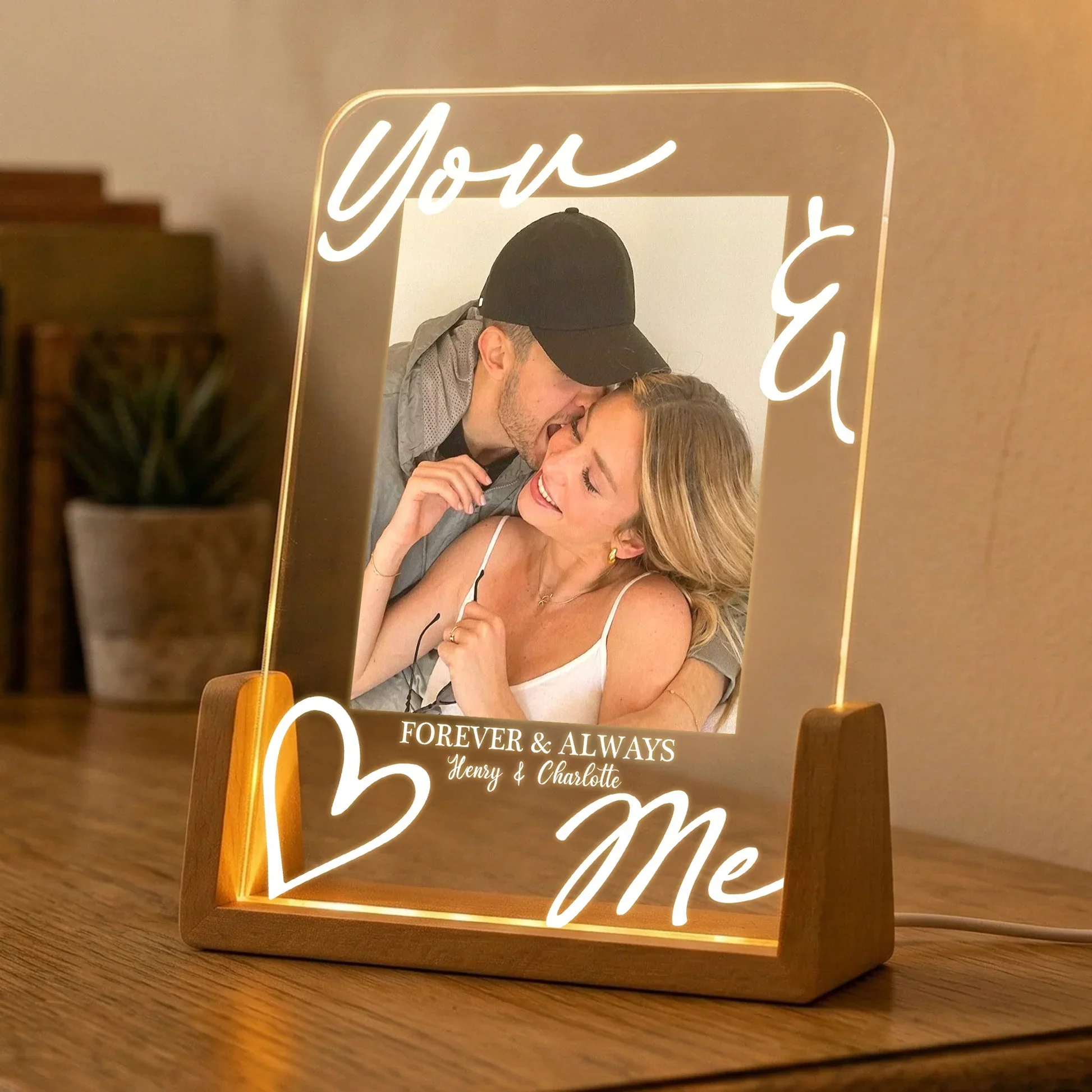 Personalized LED Light Frame With You & Me Kissing Couple Photo, Unique Gift For Couple, Warm Bedside Glow - Image 6