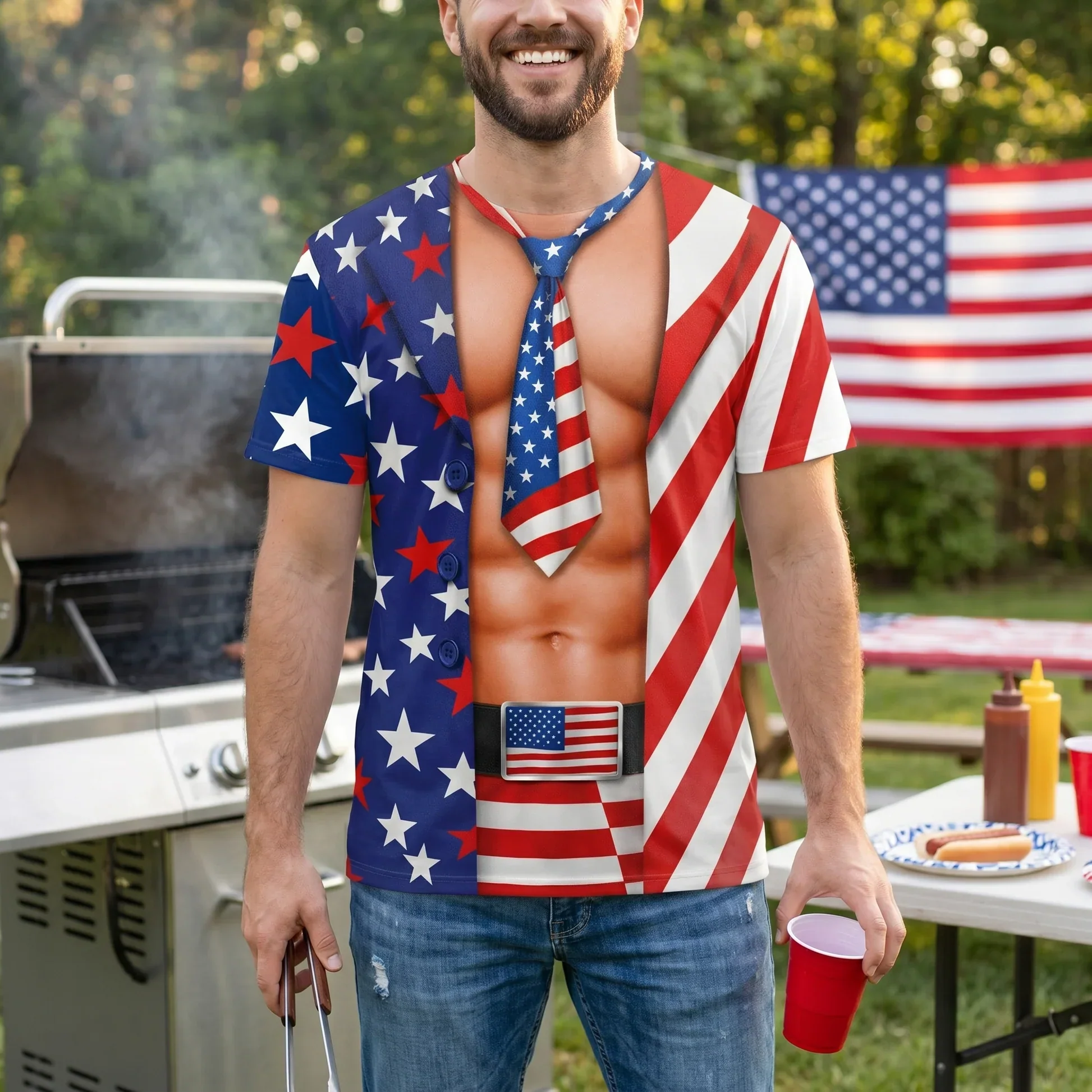 Personalized Printed Classic Tee With USA Flag Costume Print, Creative Gift For 4th of July Parties - Image 3