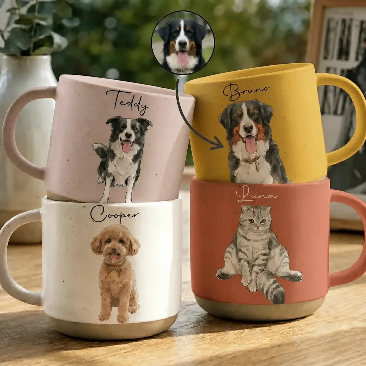 Personalized Pottery Mug With Watercolor Pet Portraits, Unique Creative Gift For Pet Lovers