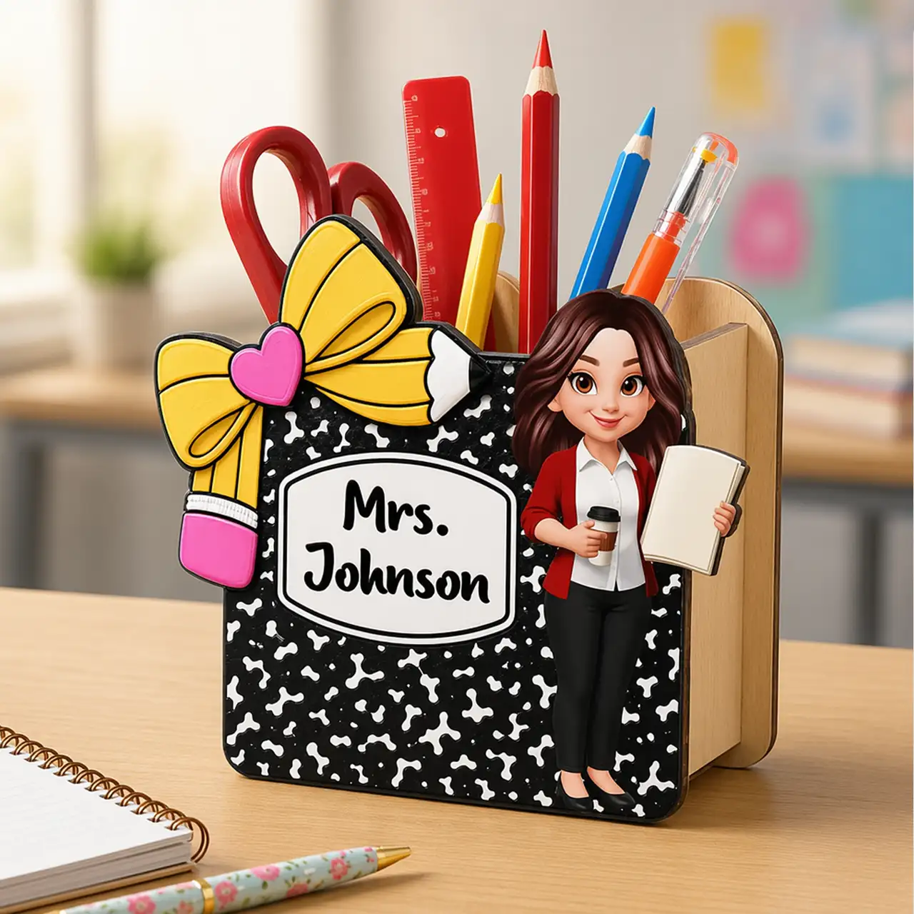 Personalized Wooden Pen Holder, Cute Cartoon Teacher Desk Organizer, Unique Creative Gift for Teacher