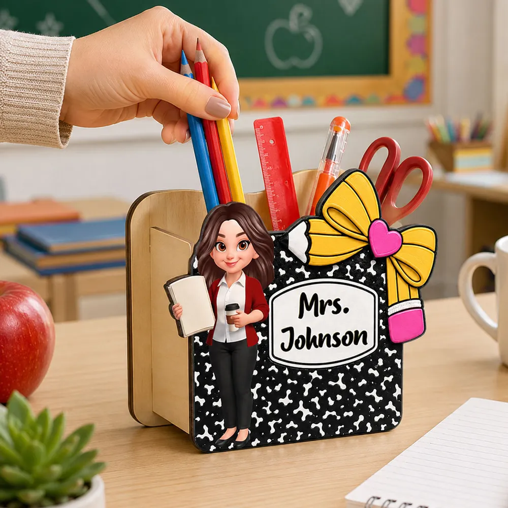 Personalized Wooden Pen Holder, Cute Cartoon Teacher Desk Organizer, Unique Creative Gift for Teacher - Image 2