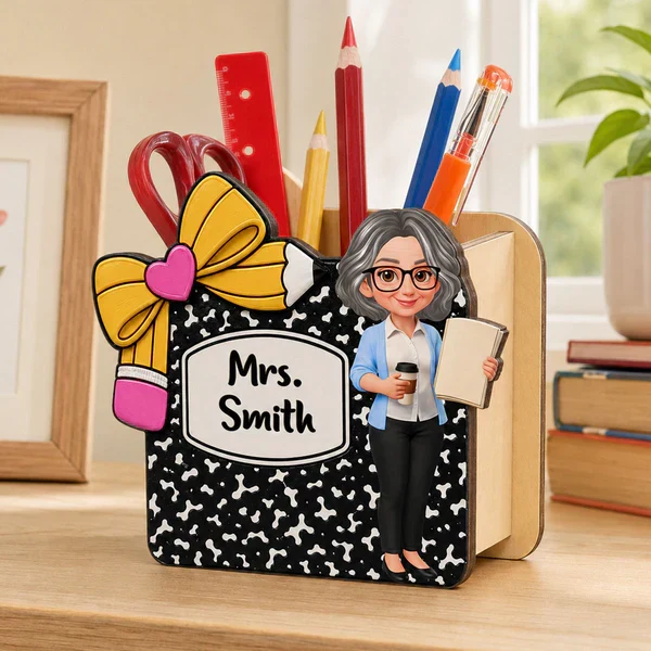 Personalized Wooden Pen Holder, Cute Cartoon Teacher Desk Organizer, Unique Creative Gift for Teacher - Image 3