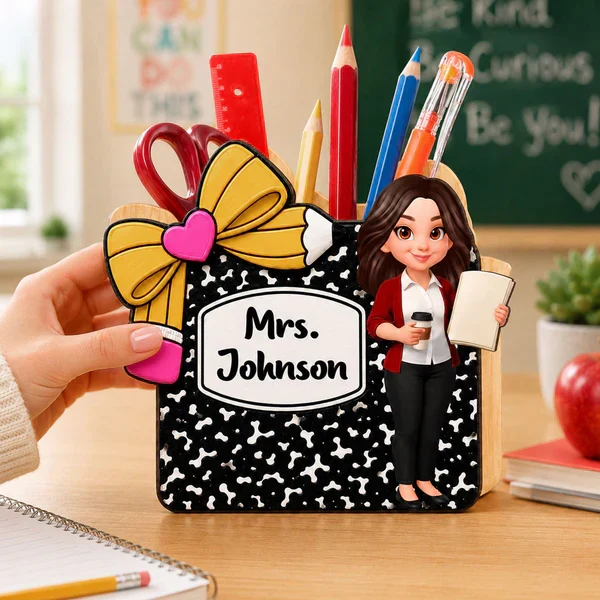 Personalized Wooden Pen Holder, Cute Cartoon Teacher Desk Organizer, Unique Creative Gift for Teacher - Image 6