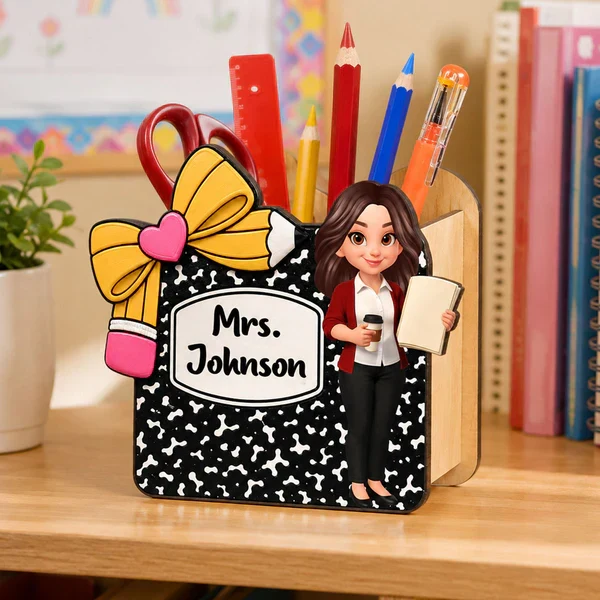 Personalized Wooden Pen Holder, Cute Cartoon Teacher Desk Organizer, Unique Creative Gift for Teacher - Image 7