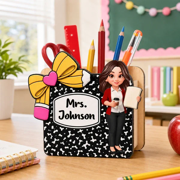 Personalized Wooden Pen Holder, Cute Cartoon Teacher Desk Organizer, Unique Creative Gift for Teacher - Image 8