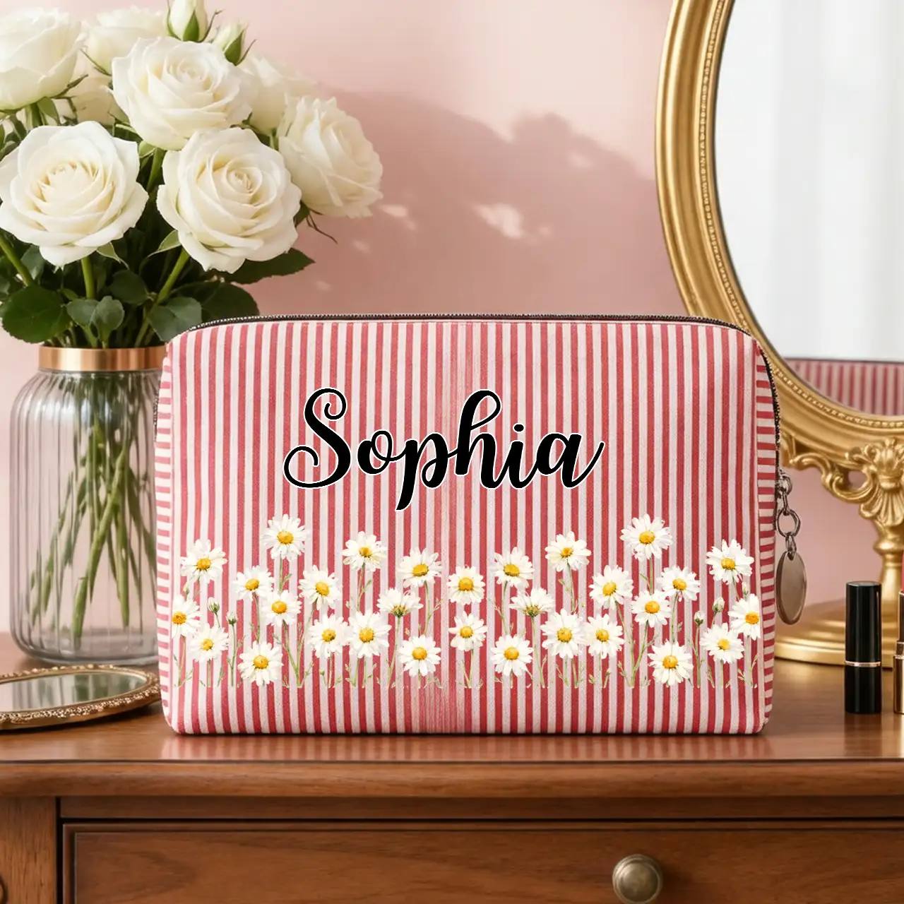 Personalized Stripes Makeup Bag with Daisy Design, Unique Gift for Beauty Lover and Travel Storage