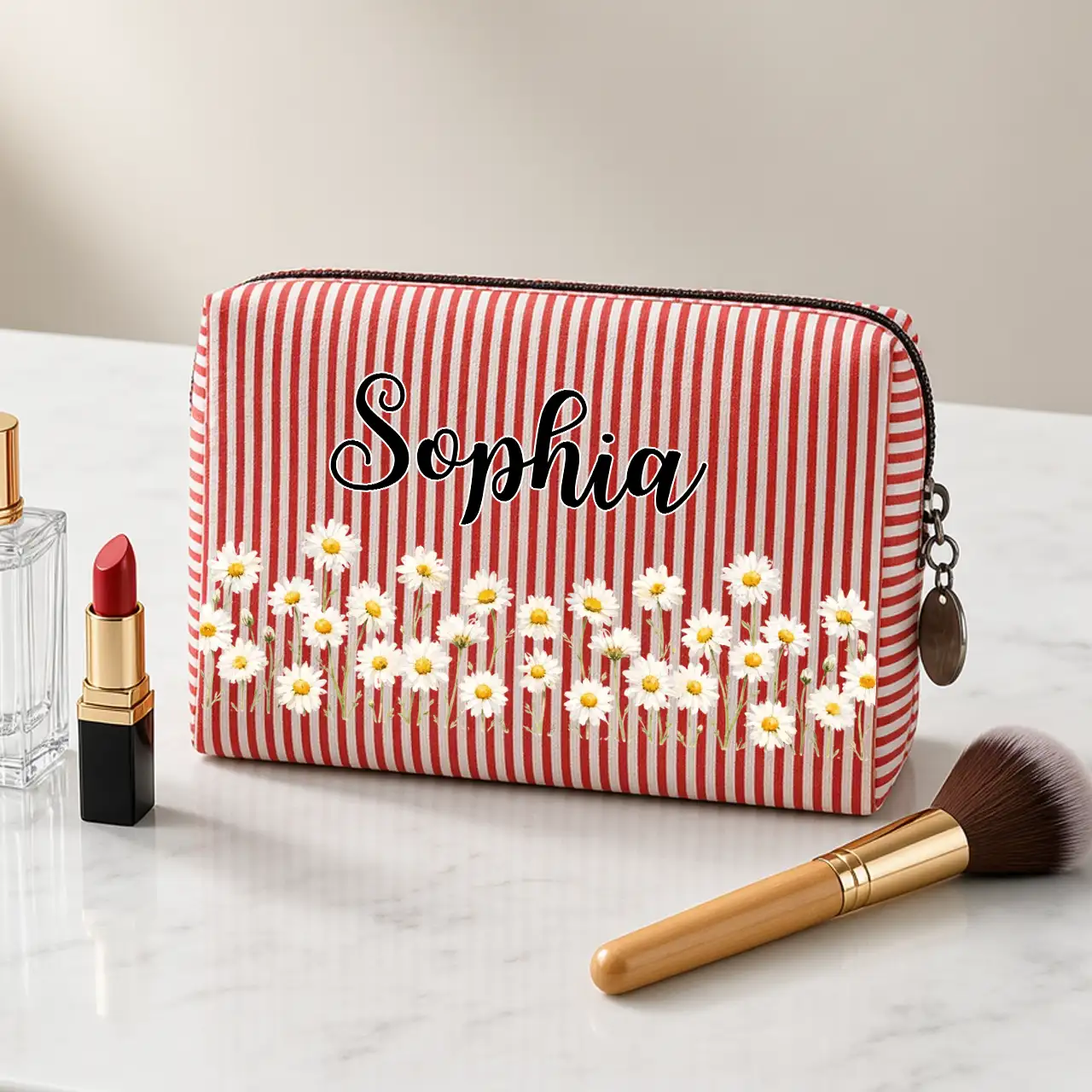 Personalized Stripes Makeup Bag with Daisy Design, Unique Gift for Beauty Lover and Travel Storage - Image 2