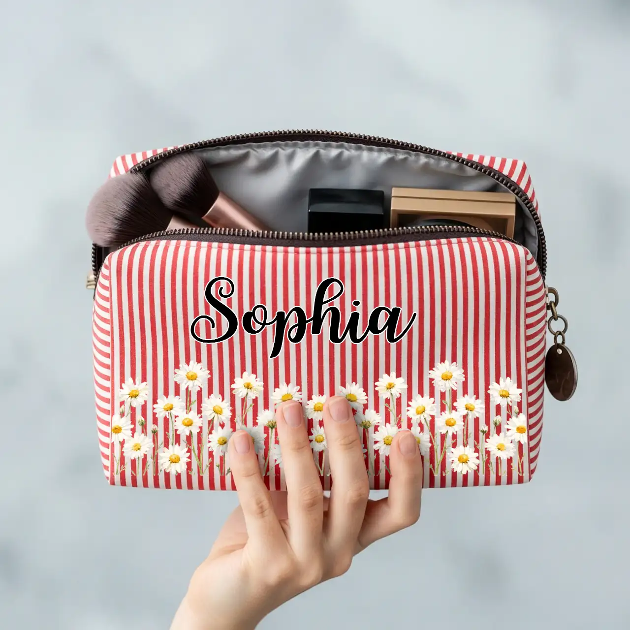 Personalized Stripes Makeup Bag with Daisy Design, Unique Gift for Beauty Lover and Travel Storage - Image 3