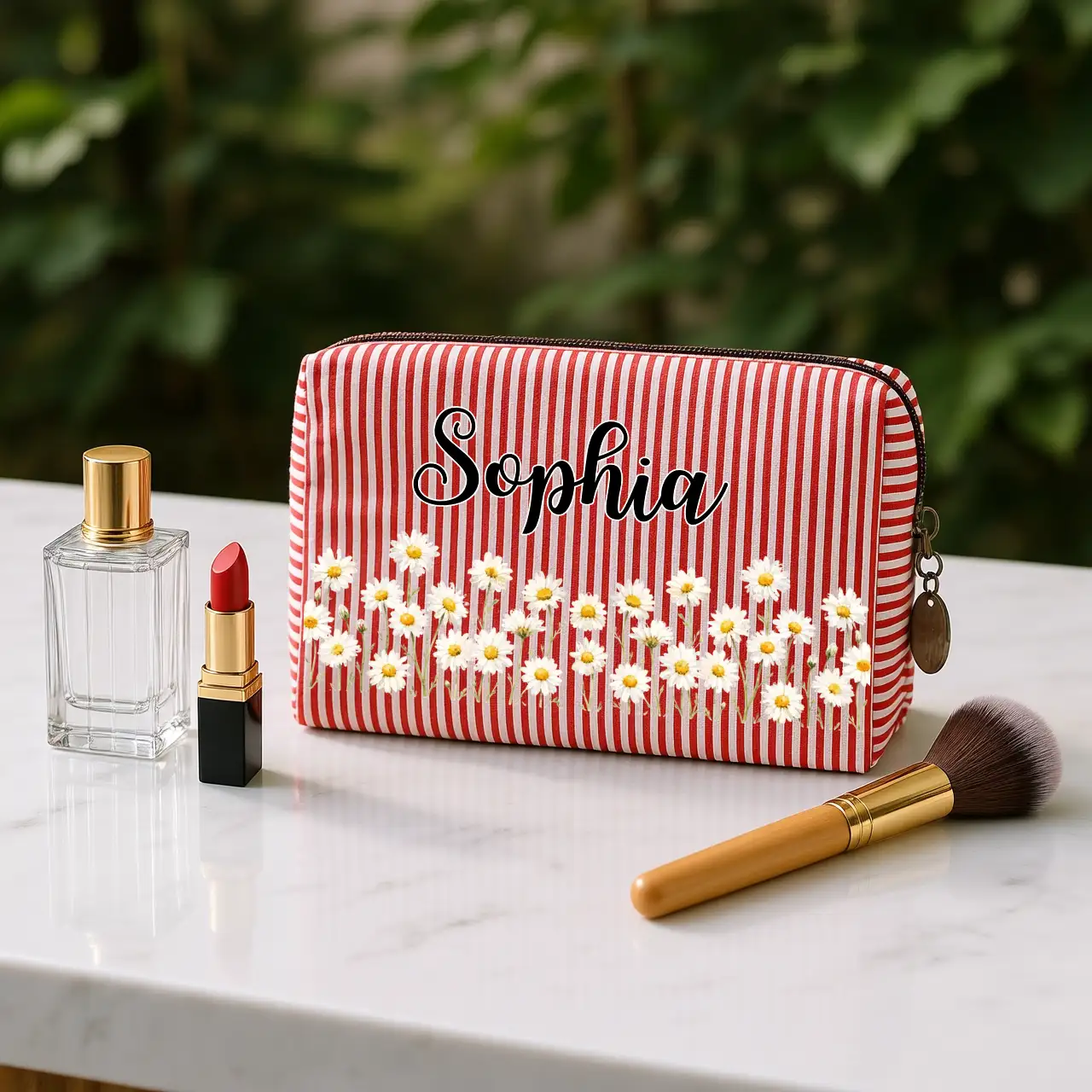 Personalized Stripes Makeup Bag with Daisy Design, Unique Gift for Beauty Lover and Travel Storage - Image 6