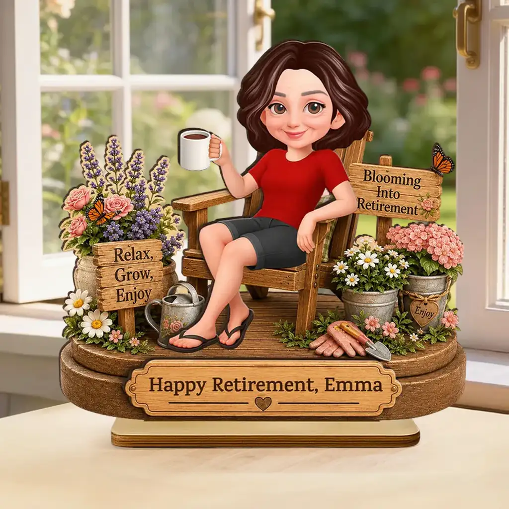 Personalized 2-Layer Wooden Plaque, Woman Relaxing in Garden Chair, Unique Retirement Gift for Mom or Grandma