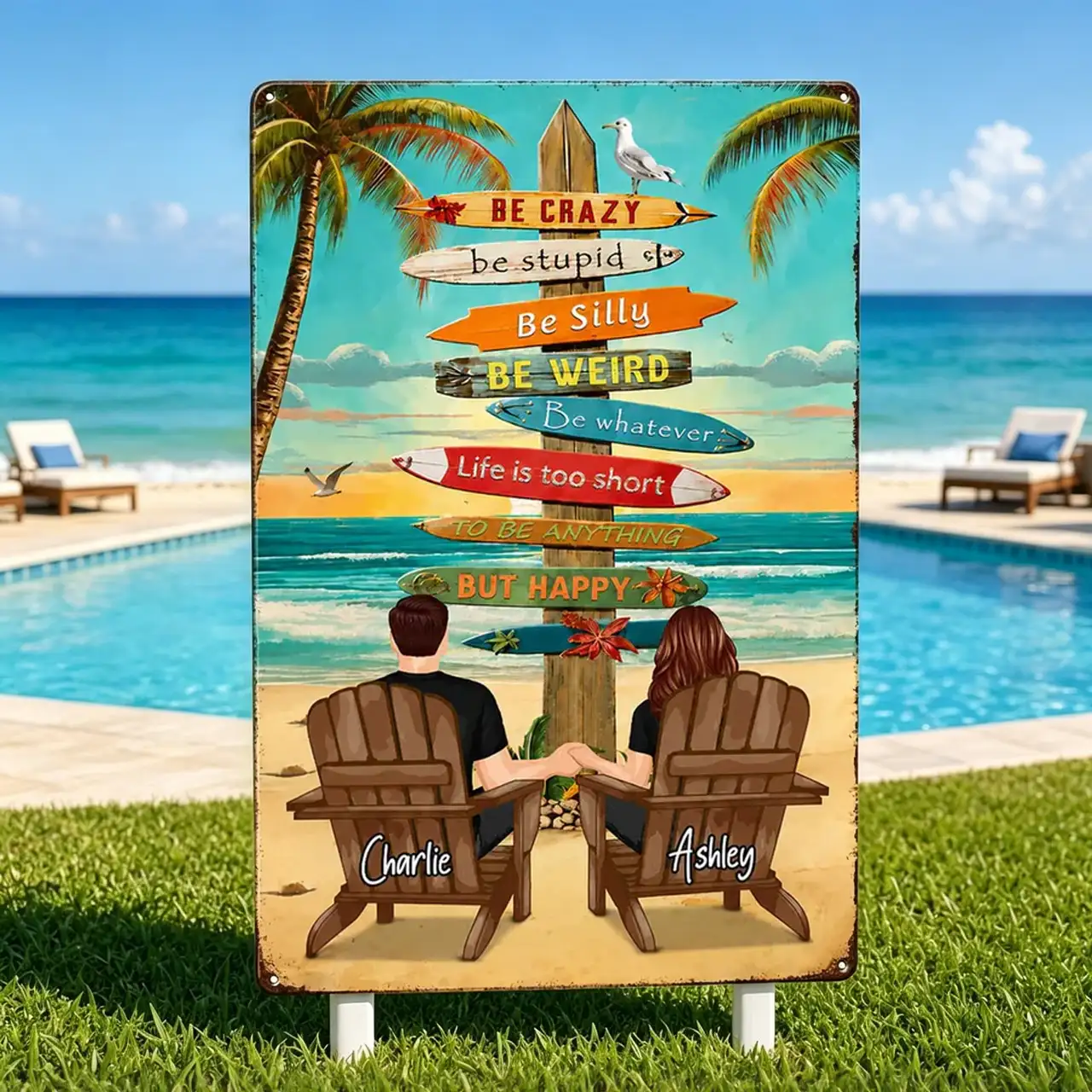 Personalized Rectangular Iron Sign With Holding Hands Beach Couple, Unique Gift for Summer Decor