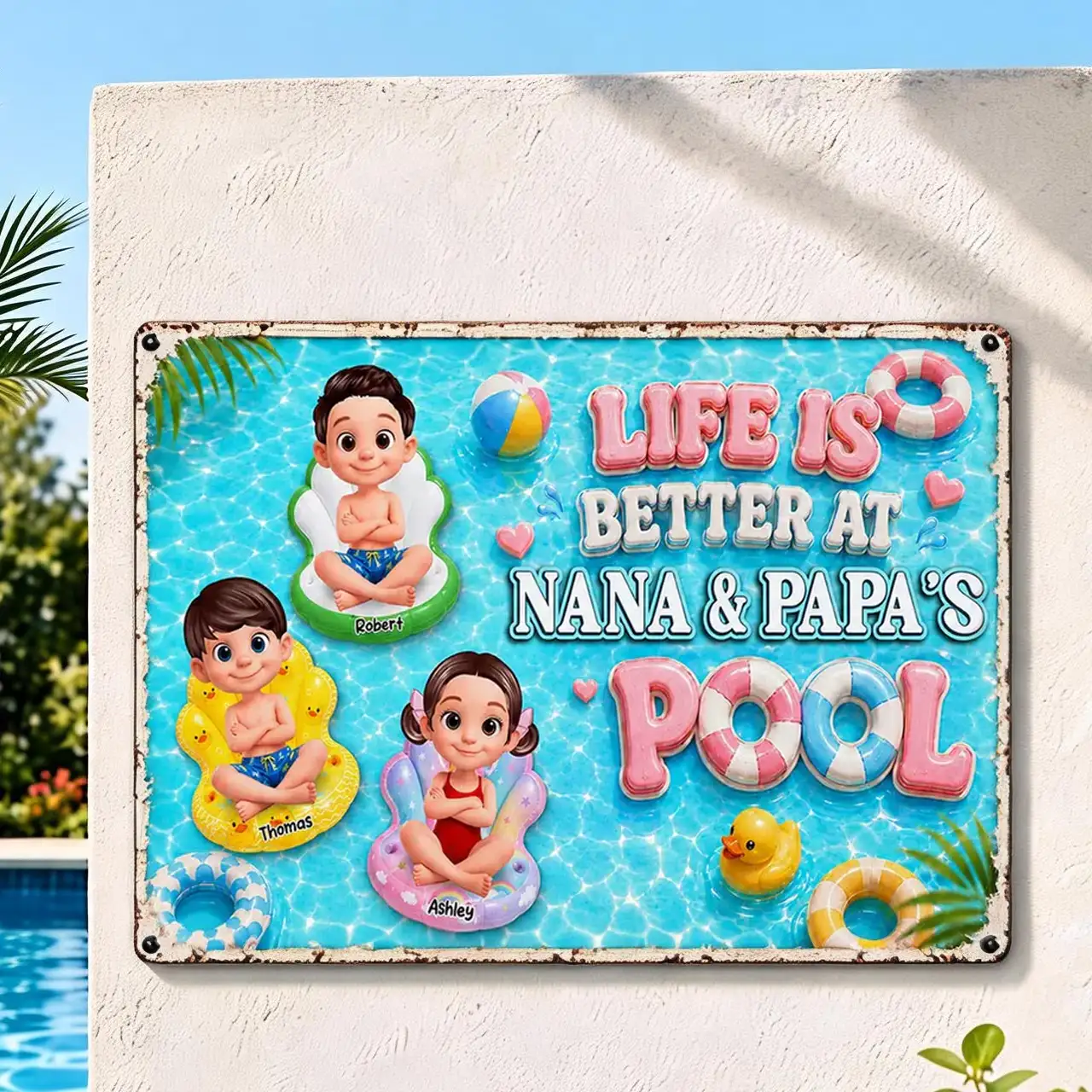 Personalized Rectangular Iron Sign, Kids on Pool Floats, Unique Gift for Nana & Papa's Pool