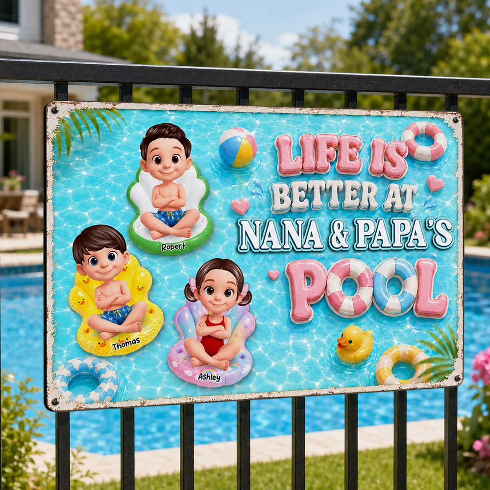 Personalized Rectangular Iron Sign, Kids on Pool Floats, Unique Gift for Nana & Papa's Pool - Image 2