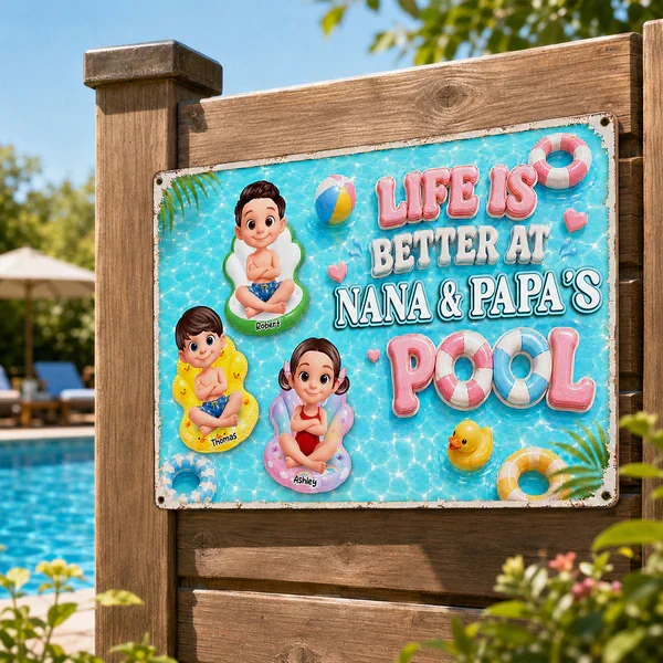 Personalized Rectangular Iron Sign, Kids on Pool Floats, Unique Gift for Nana & Papa's Pool - Image 3