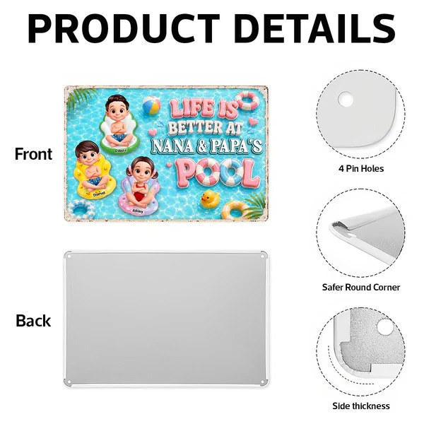Personalized Rectangular Iron Sign, Kids on Pool Floats, Unique Gift for Nana & Papa's Pool - Image 5