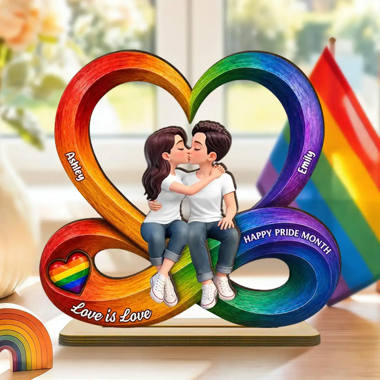 2-Layer Wooden Plaque for LGBTQ Couple, Love Is Love Kissing Illustration, Creative Gift