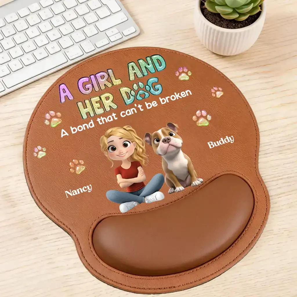 Personalized Wrist Rest Mouse Pad, A Girl And Her Dog Cartoon Design, Unique Gift For Dog Lover