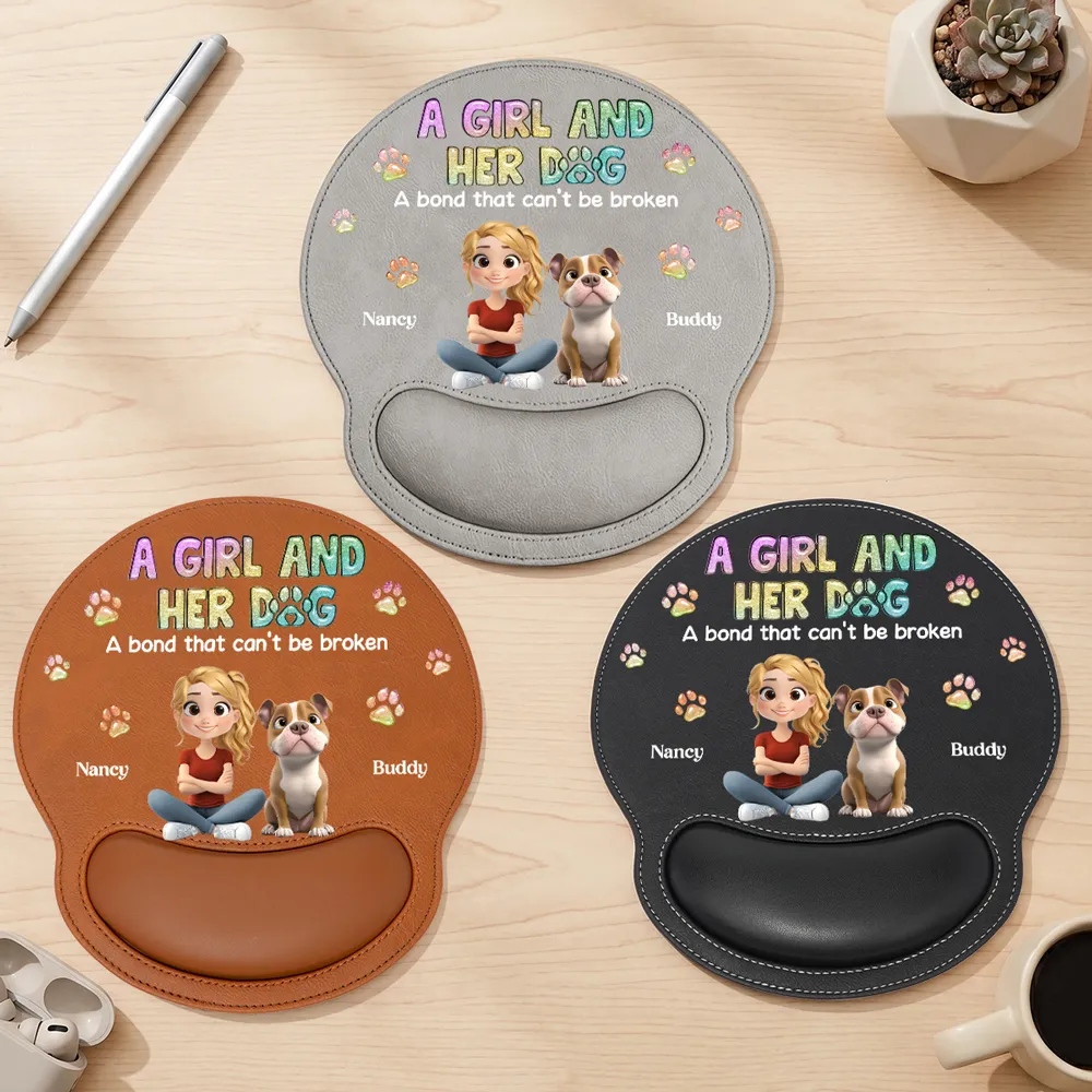 Personalized Wrist Rest Mouse Pad, A Girl And Her Dog Cartoon Design, Unique Gift For Dog Lover - Image 3