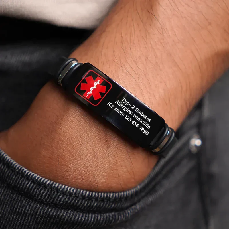 Personalized Black Silicone Bracelet with Red Medical Symbol, Unique Gift for Mom & Dad - Image 2