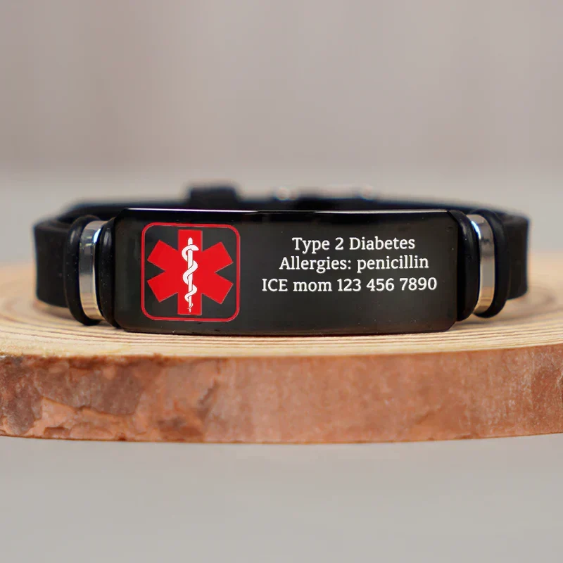 Personalized Black Silicone Bracelet with Red Medical Symbol, Unique Gift for Mom & Dad - Image 3