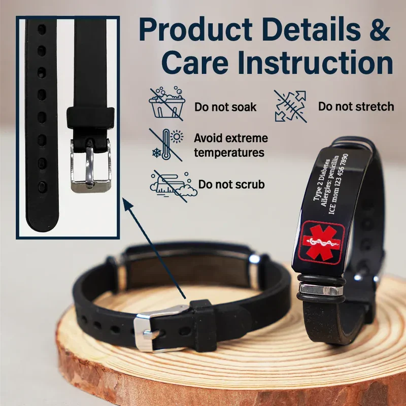 Personalized Black Silicone Bracelet with Red Medical Symbol, Unique Gift for Mom & Dad - Image 4