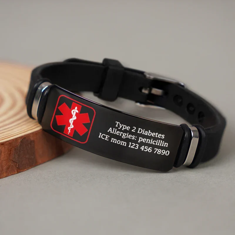 Personalized Black Silicone Bracelet with Red Medical Symbol, Unique Gift for Mom & Dad - Image 5