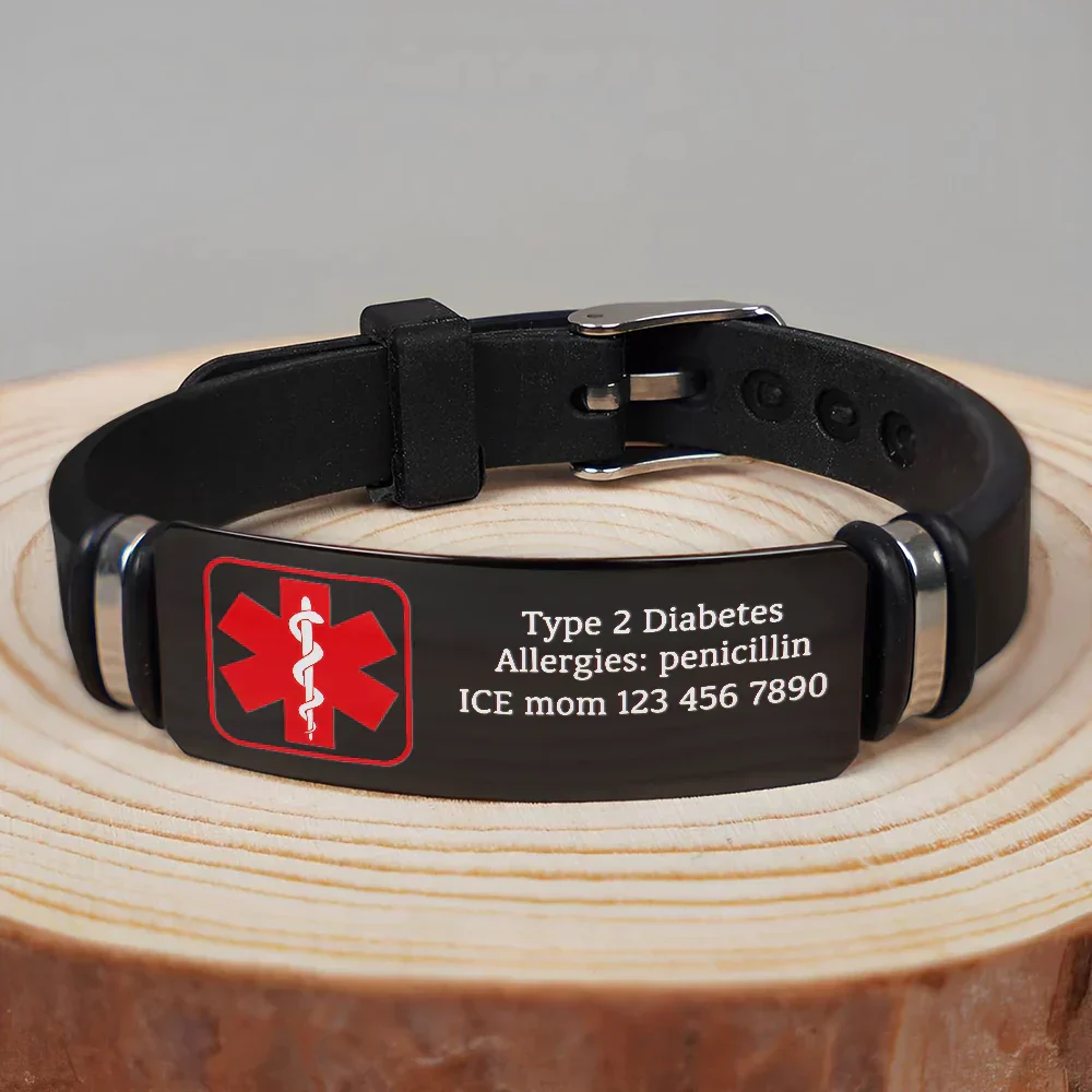 Personalized Black Silicone Bracelet with Red Medical Symbol, Unique Gift for Mom & Dad - Image 6