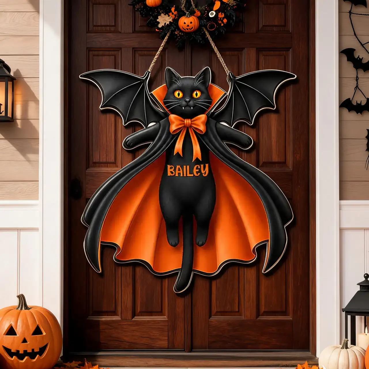 Personalized Cat Vampire Wooden Sign, Pumpkin Front Door Decor, Unique Gift for Cat Lovers