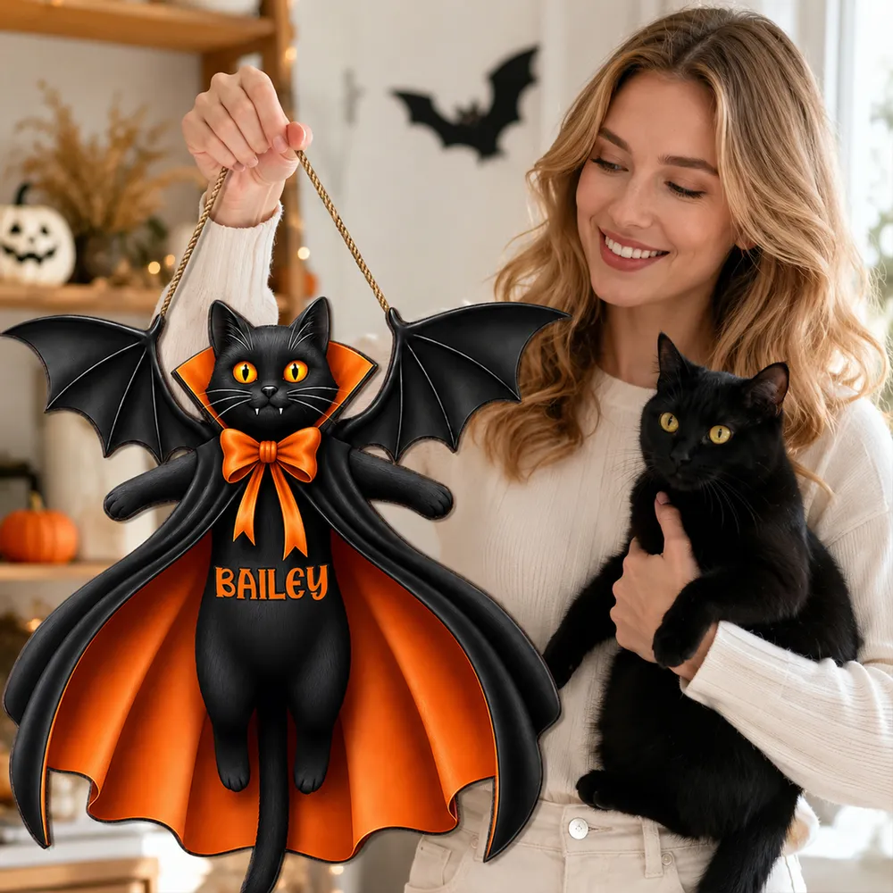 Personalized Cat Vampire Wooden Sign, Pumpkin Front Door Decor, Unique Gift for Cat Lovers - Image 2