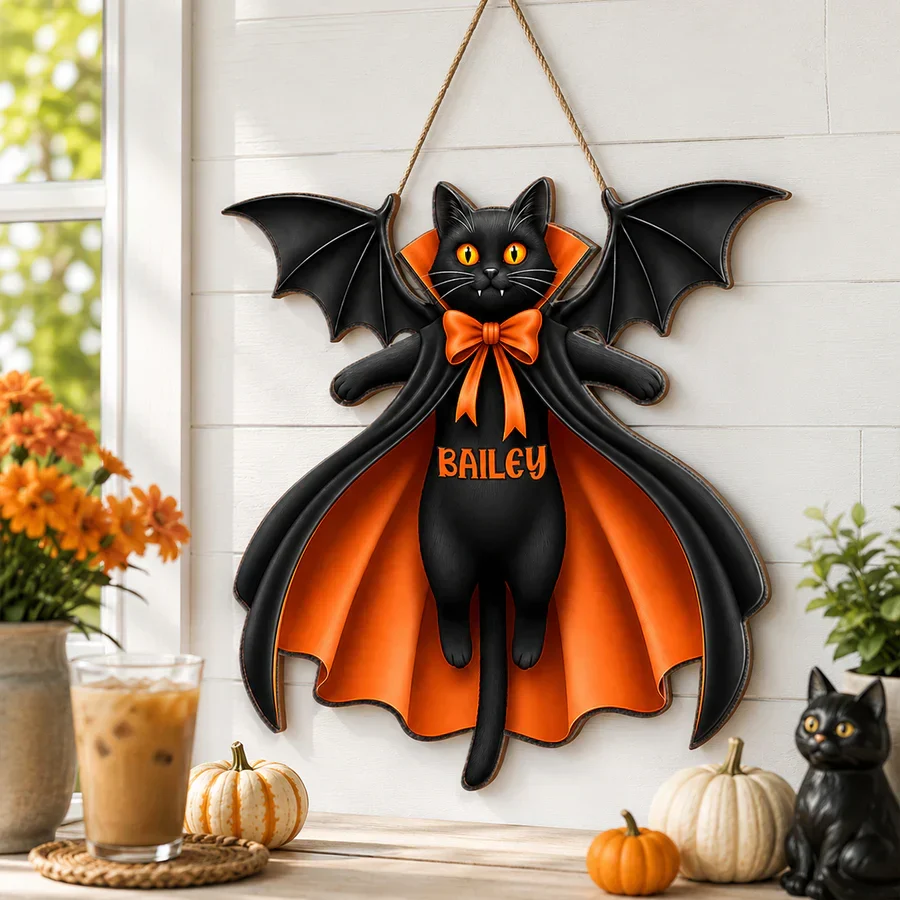 Personalized Cat Vampire Wooden Sign, Pumpkin Front Door Decor, Unique Gift for Cat Lovers - Image 3