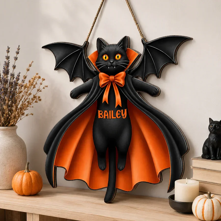 Personalized Cat Vampire Wooden Sign, Pumpkin Front Door Decor, Unique Gift for Cat Lovers - Image 6