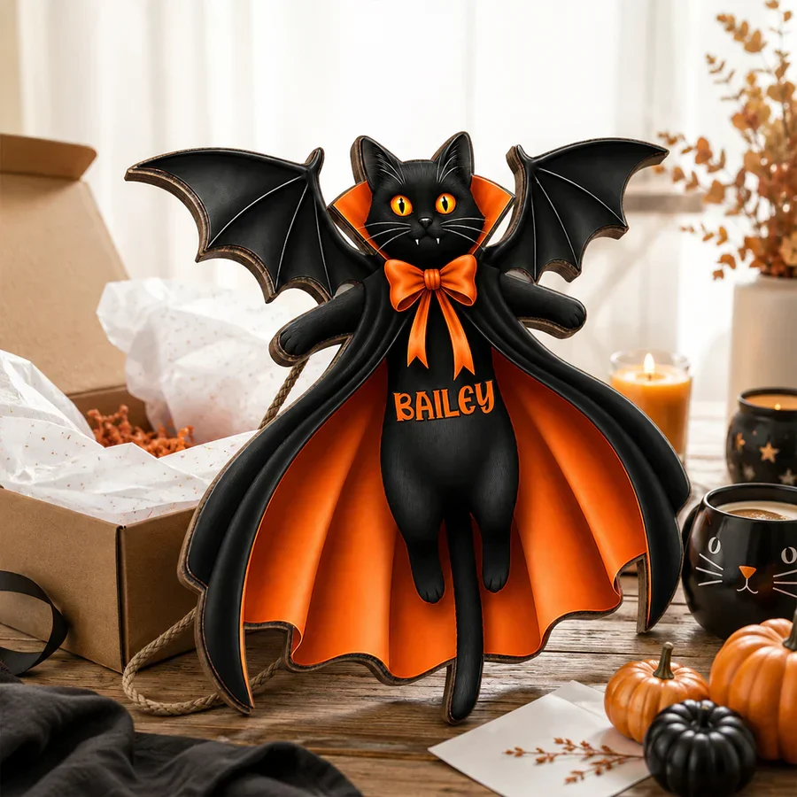 Personalized Cat Vampire Wooden Sign, Pumpkin Front Door Decor, Unique Gift for Cat Lovers - Image 7