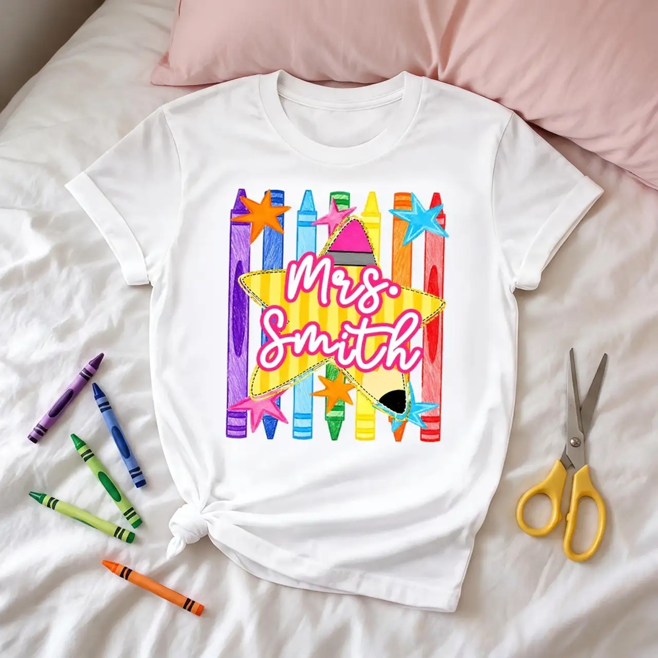 Personalized Classic Tee with Colorful Crayon Pencil Art, Creative Gift for Teachers and Classroom Wear