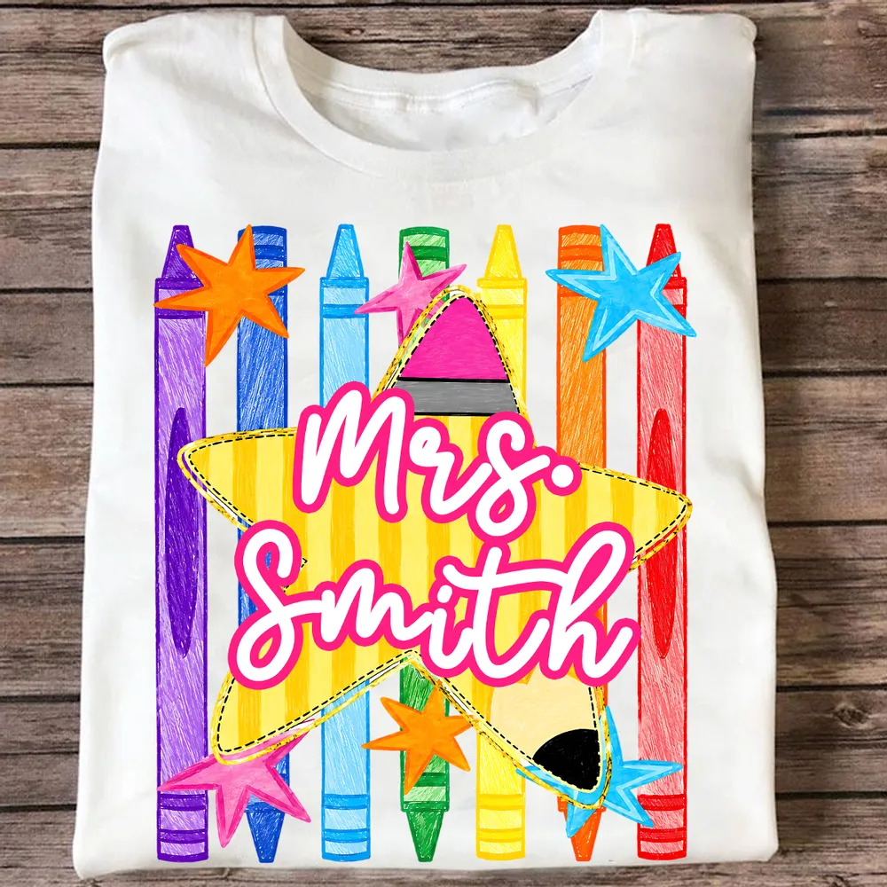 Personalized Classic Tee with Colorful Crayon Pencil Art, Creative Gift for Teachers and Classroom Wear - Image 2