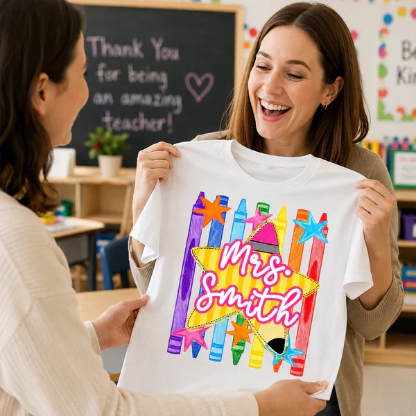 Personalized Classic Tee with Colorful Crayon Pencil Art, Creative Gift for Teachers and Classroom Wear - Image 3