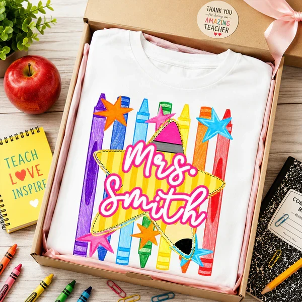 Personalized Classic Tee with Colorful Crayon Pencil Art, Creative Gift for Teachers and Classroom Wear - Image 4