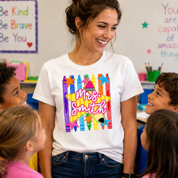 Personalized Classic Tee with Colorful Crayon Pencil Art, Creative Gift for Teachers and Classroom Wear - Image 5